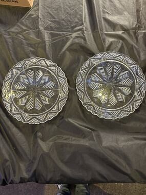 Vintage Pair Of Federal Pressed Glass 11” Snowflake Star Chevron Cake Plates